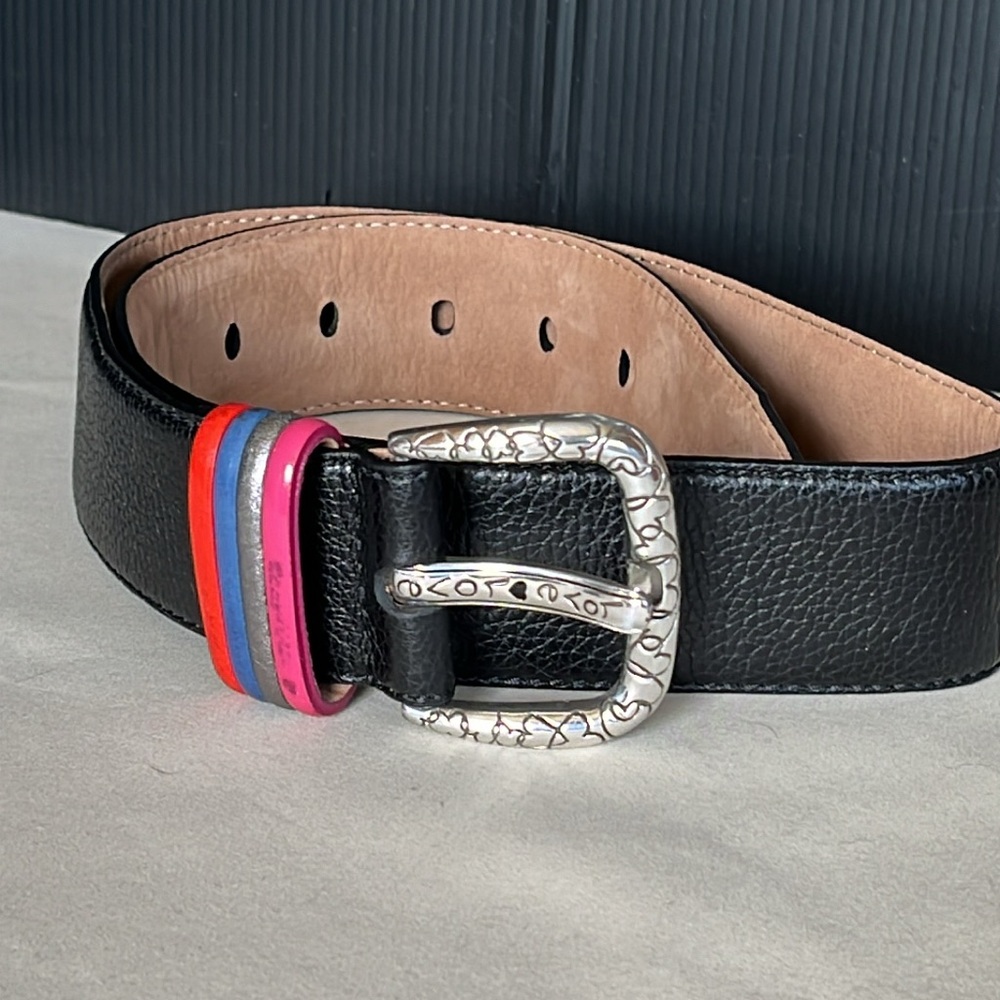 Brighton Small casual black leather belt, color block loops. Fits 26”-30” waist.